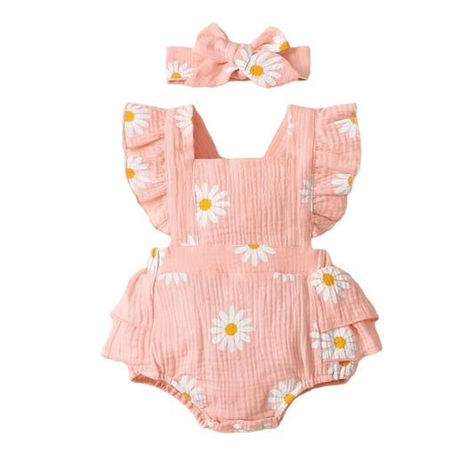 Pink Daisy Romper with Headband