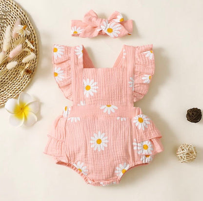 Pink Daisy Romper with Headband