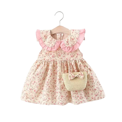 Babydoll Floral Dress with Straw Bag