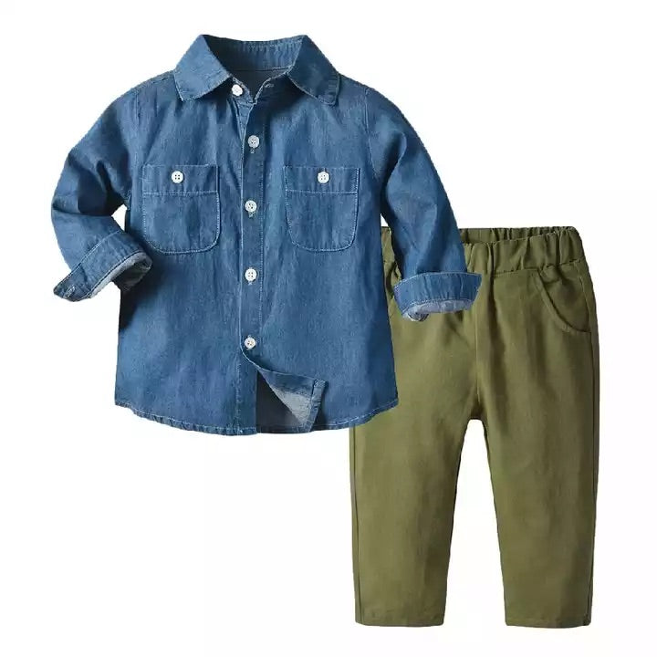 Denim Long-Sleeve Shirt & Khaki Trouser Set