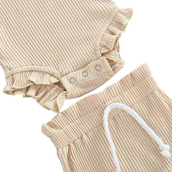 Beige Ruffle bodysuit & shorts set with headband