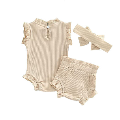 Beige Ruffle bodysuit & shorts set with headband