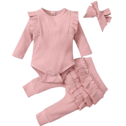 Pink Ruffle Bodysuit, Pants & Headband Set