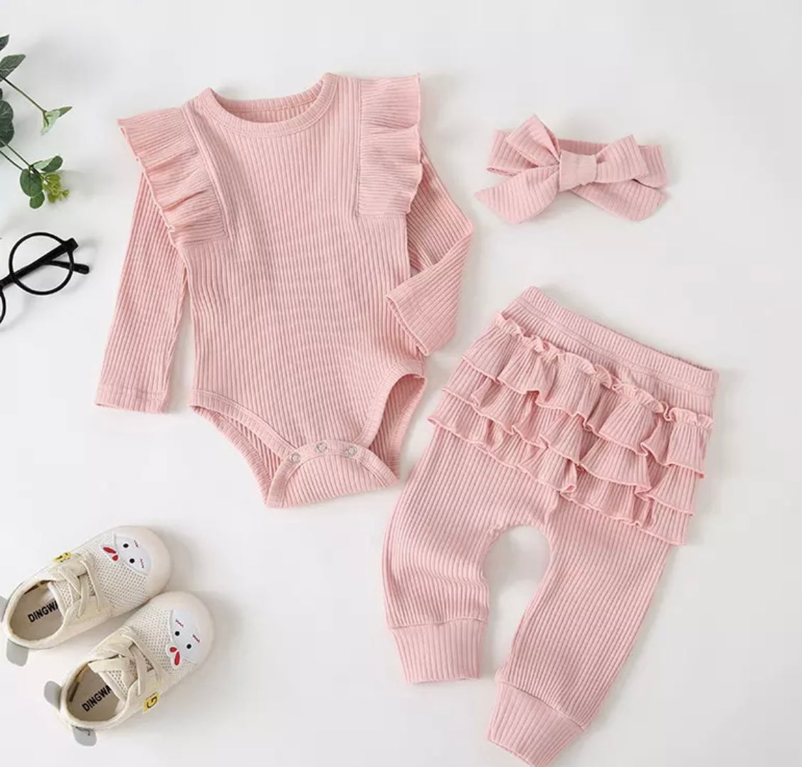 Pink Ruffle Bodysuit, Pants & Headband Set