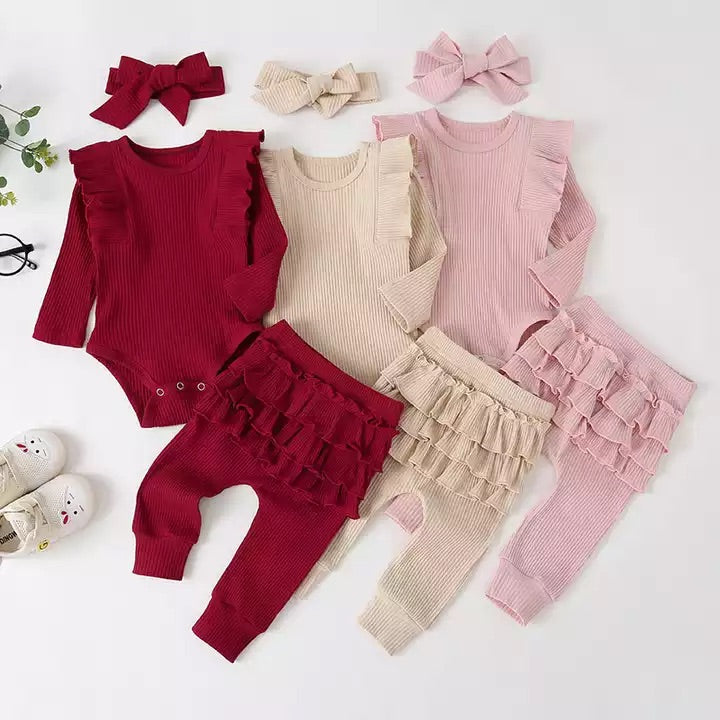 Pink Ruffle Bodysuit, Pants & Headband Set