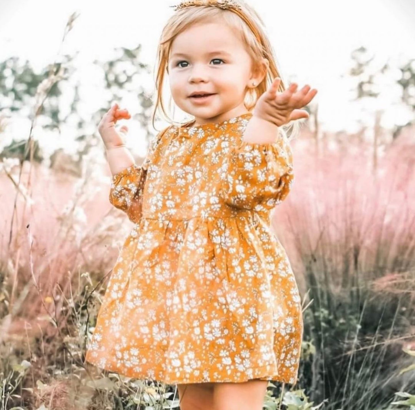 Mustard Long Sleeve Floral Dress