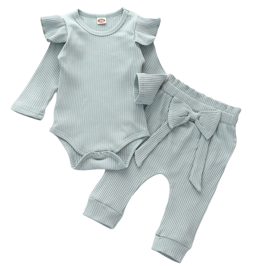 Ribbed Light Blue Bow Pants & Top Set