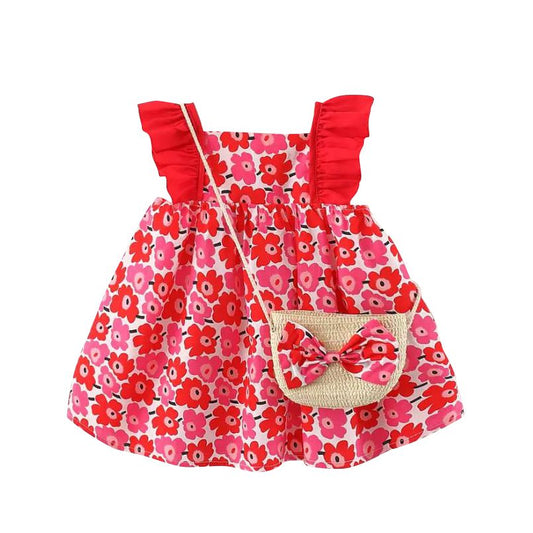 Red floral dress with bag