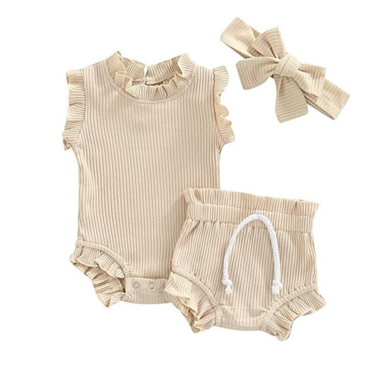 Beige Ruffle bodysuit & shorts set with headband