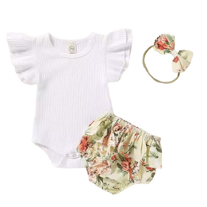 Ribbed White Bodysuit With Floral Bloomers Set