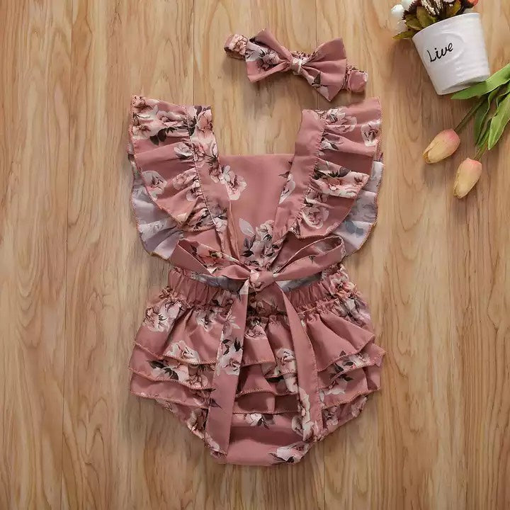 Pink Roses Frill Romper Set